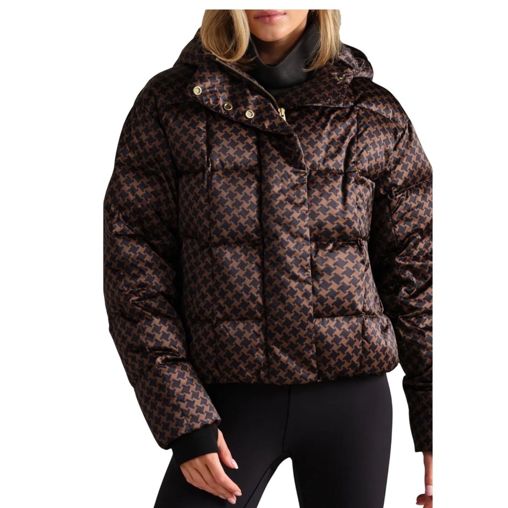 RHONE Powder Puffer L Brown Houndstooth 650 Fill Down Hooded Après Ski Jacket